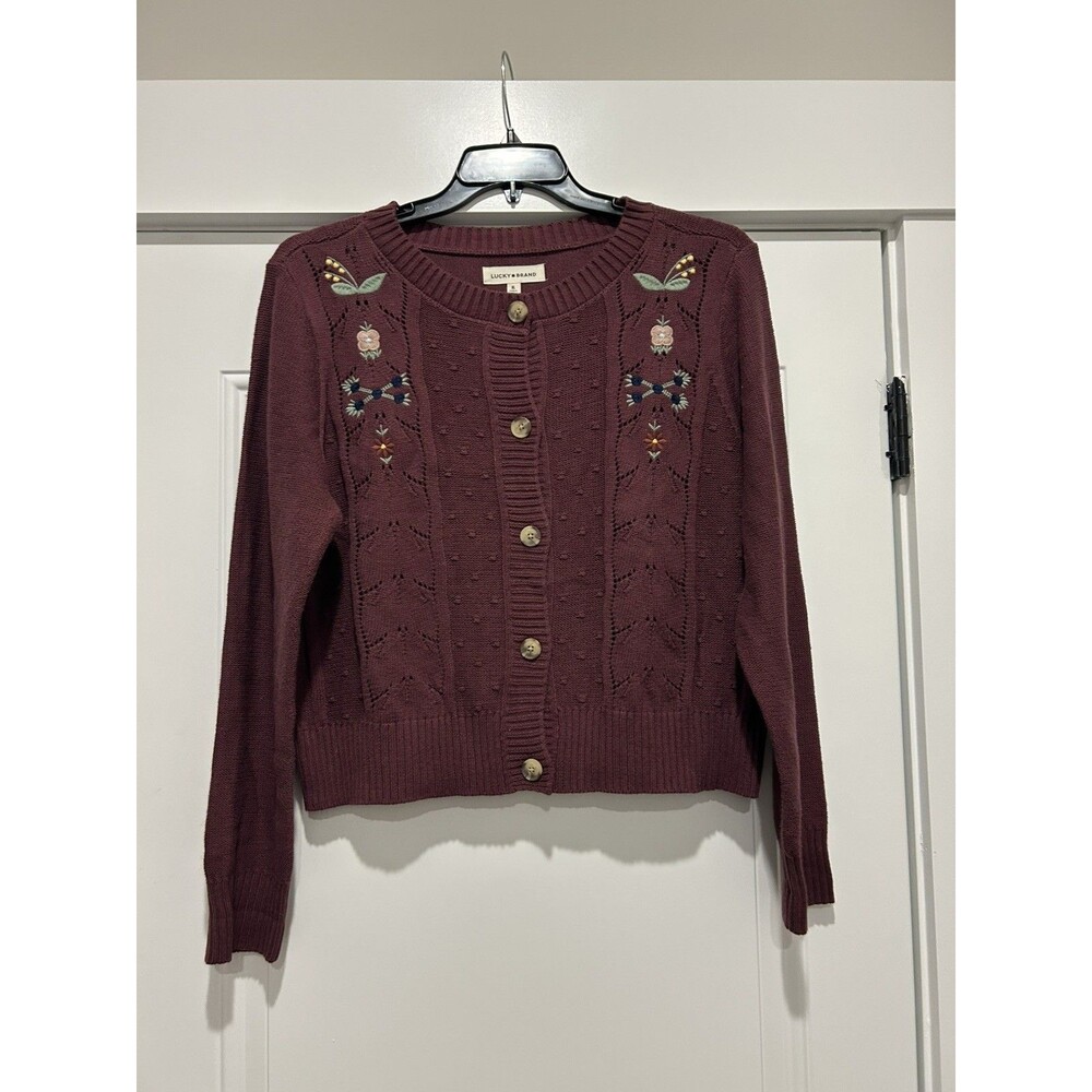 Lucky Brand Cardigan Sweater Women’s XL Floral Embroidery Open Knit Cottagecore